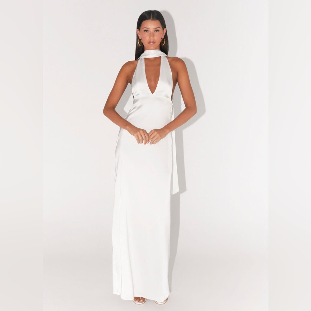 Peppermayo Alicia Satin Halter Maxi Dress - White
